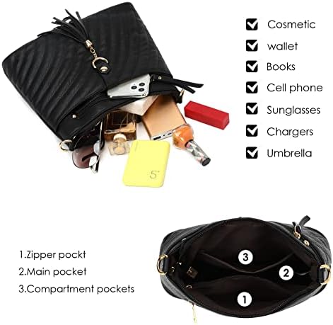 Myhozee Shoulder Bag Womens Small Cross Body Bag PU Leather Handbags Multi Pocket Satchel Tassel Messanger Bag for Ladies & Girls, Beige