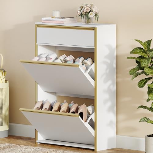 HEXCELEN Meuble à Chaussures Étroit avec 2 Battants, Étagère à Chaussures avec Tiroir, Meuble à Chaussure, Séparateur Réglables, 8 à 12 Paires, pour...