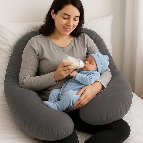 Image of Pregnancy Pillow for Women | Maternity Pillow for Pregnant Women & Newborn Feeding | Full Body Support for Back, Hips, Legs & Belly | Ergonomic Design | Polycotton Cover | Dark Grey