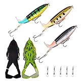 Topwater Bass Fishing Lure Kit, Plopping Propeller Tail Bigger Splash Whopping, Soft Plastic Frog Bait 3D Eyes Lifelike Body Pattern, for Bass Snakehead Musky Pike Walleye, 5-Piece Kit