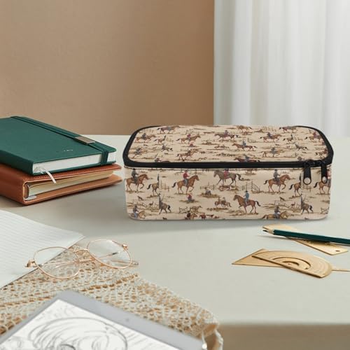 Image of Boys Pencil Case Cowboy Horse Pencil Pouch for Elementary Kids Cool Pencil Bag for Children Large Capacity Pen Box for Girls Adults Women Make Up Bag for Office Supplies,Beige