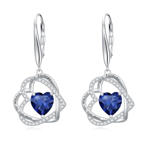 TOUPOP Heart Birthstone Earrings 925 Sterling Silver Double Heart Leverback Earrings Love You for Always and Forever Jewelry Anniversary Birthday Christmas Gifts for Women Wife Her