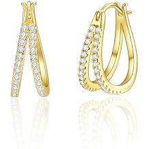 Hypoallergenic Small Hoop Earrings for Women, 14K Gold Plated Double Hoops Earrings with Cubic Zirconia Pave Cluster Lightweight Hoops Earrings for Lover Anniversary Birthday Christmas
