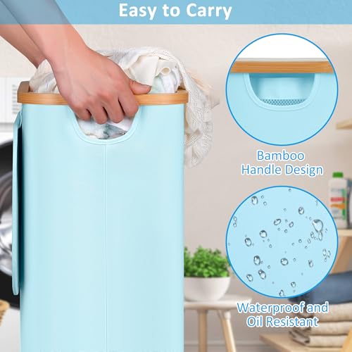 Image of efluky Slim Laundry Hamper with Wheels, Narrow Laundry Basket with Lid and Removable Bag, Aesthetic Dirty Clothes Hamper on Wheels for Laundry Room, Bedroom, Dorm and Bathroom, 75L Beige