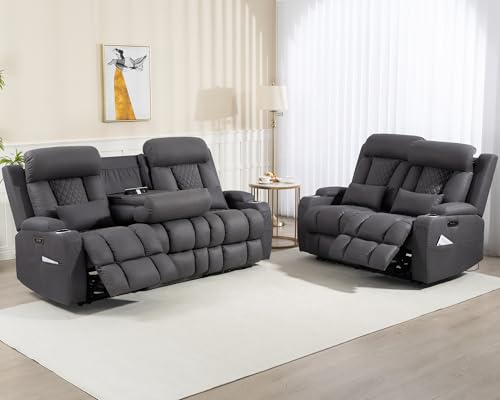 Image of Zero Wall Hugger Power Reclining Sofa Set with Adjustable Headrest, Electric Reclining Couch with Drop-Down Table,Outlets, Power Loveseat Recliner Sofa for Living Room (Gray, Sofa+Loveseat)