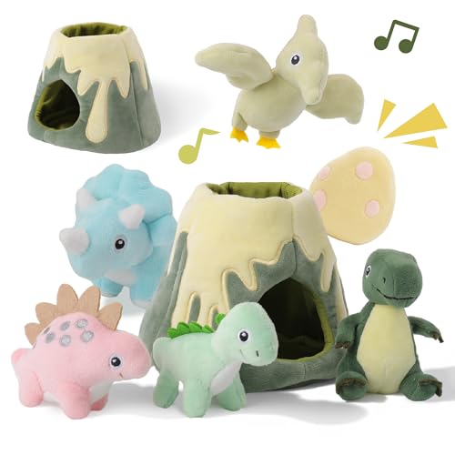 PIIKAGO Baby Toys 6-12 Months My Little Volcano with 5 Stuffed Dinosaurs Montessori Toy with Rattle Crinkle Squeaker Sensory Toys for Toddlers 1-3 Early Development Christmas Birthday Gift