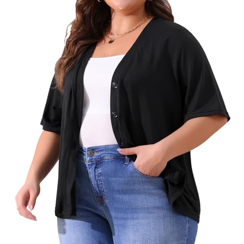 Image of Agnes Orinda Plus Size Cardigan for Women Button Down Sheer Round Neck Short Sleeve Knitted Sweater
