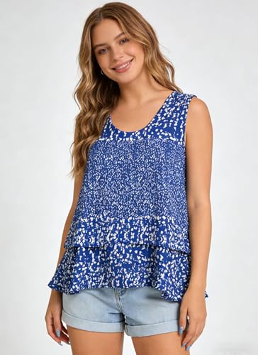 Image of Summer Tops for Women Flowy Chiffon Sleeveless Blouses White Tank Top Woman Ladies Crewneck Double Layers Strap Shirt
