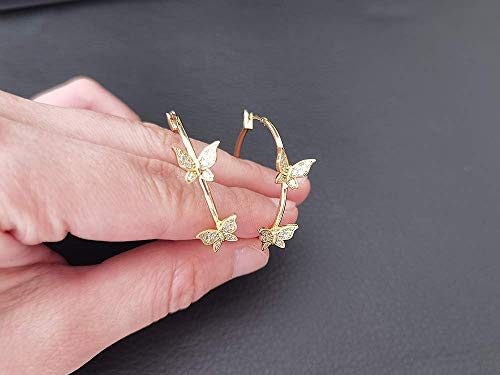 Double CZ Butterfly Dangle Hoop Earrings for Women Girls 14K Gold Plated Cubic Zirconia Big Gold Hoops Click Top Lever-back Clasp Earring Dainty Huggie Jewelry for Wedding Party Prom4
