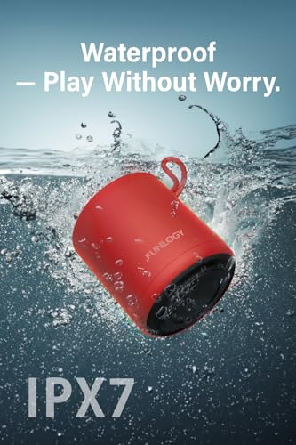 Image of FUNLOGY Portable Mini2 Bluetooth Speaker, Wireless Portable Speaker with Deep Bass, IPX7 Waterproof, TWS Stereo Pairing, Built-in Mic, Small Speaker for Shower, Outdoor, Travel, Red