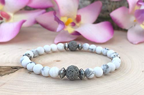 Howlite and Lava Stone Bracelet, Calming Diffuser Bracelet, Aromatherapy Bracelet Yoga, Size Medium 7 Inches