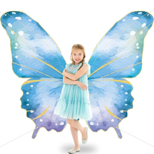 Butterfly Wings Backdrop Decorations Giant Blue Glitter Watercolor Spring Butterfly Photograph Background Party Hanging Banner Supplies for Women Girls Kid Birthday Baby Shower Booth Photo Props Wall
