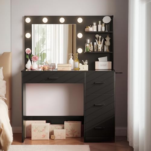 Image of Furmax Vanity Desk with LED Lighted Mirror&Power Outlet, Makeup Vanity Table with 4 Drawers, 3 Open Storage Shelves, and 3 Color Modes, for Bedroom (Black)