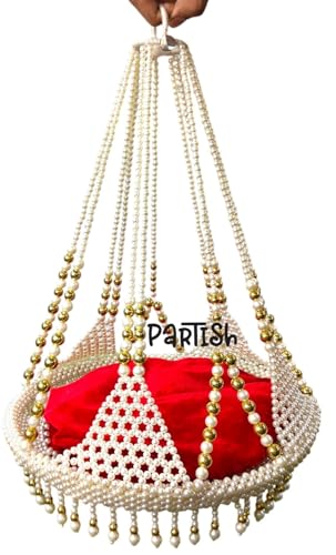 Image of PARTISH Handcrafted Hanging Moti Jhula for Laddu Gopal Ji | Premium Pearl Beaded Swing Palna with Red Velvet Cushion & Gold Accents for Janmashtami & Home Temple Decor (for Idol Size 0,1 & 2, Moti)