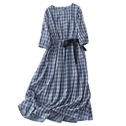 Vsadsau Damen-Kleid, Baumwollleinen, Bohemian-Kleid, Puffärmel, Urlaub, Strandkleid, kariert, Pulloverkleider, blau, L