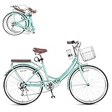 24 Inch/26 Inch Foldable Beach Cruiser Bike with Coffee Cup for Women , 7-Speed Women's Bike with Basket, Adult Folding Cruiser Bike, City Commuter Bike,Carbon Steel Frame & Dual V-Type Brakes
