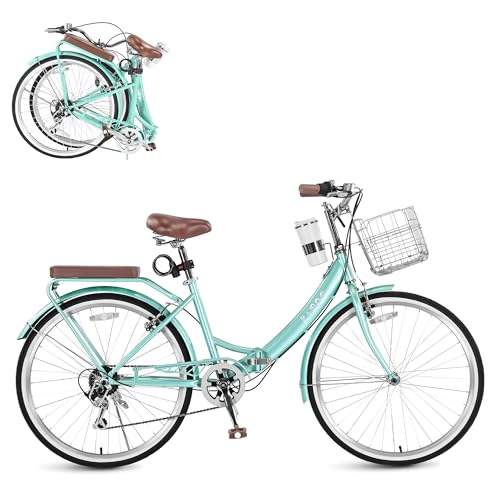 24 Inch/26 Inch Foldable Beach Cruiser Bike with Coffee Cup for Women , 7-Speed Women's Bike with Basket, Adult Folding Cruiser Bike, City Commuter Bike,Carbon Steel Frame & Dual V-Type Brakes