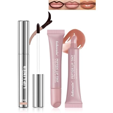 Peel Off Lip Liner Stain & Lip Gloss Set,Long Lasting Waterproof Nude Lip Stain Peel off Tattoo Lip Liner&Tinted Rose Lipstick Combo Non-Stick Cup Transfer Proof Lip Stain Color for Women Makeup,Set B Cover