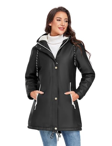 Vancavoo Wintermantel Damen Winterjacke Warm Gefüttert Wasserdicht Atmungsaktiv Regenmantel Übergangsjacke Winter Windbreaker Jacke Mantel Outdoorjacke mit Kapuze,Schwarz,M