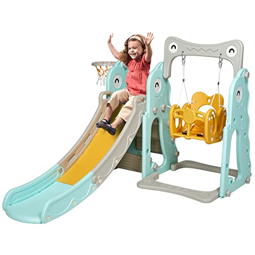 Albott 4 in 1 Slide and Swing Set Extra Long Slide Height Adjustable Swing Fully Enclosed Stairs with Safety Belt Baby Slide Dinosaur Theme(Green+Yellow