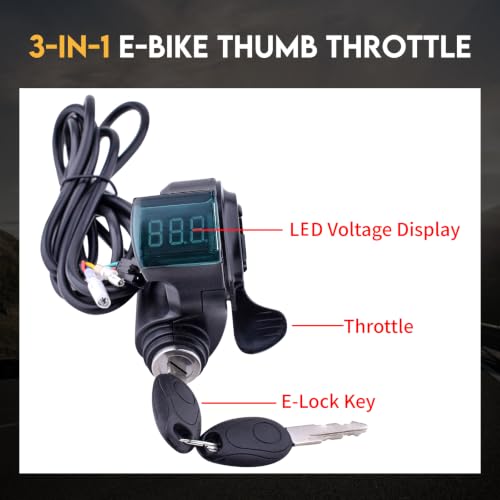 Image of Universal 12V-96V Anti-Theft Ebike Key Ignition LED Display Thumb Throttle | Fits 7 /8 inch (22mm) Handlebar, Digital Battery Voltage Display, Simple 5-Pin Wiring, Speed Accelerator for E-Scooter Replacement