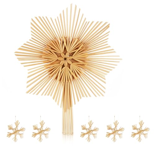 Étoile Sapin de Noel,ilauke 30 * 25cm Pointe de Sapin de Noël à La Main avec Cinq Breloques Flocon de Neige de 6cm,Paille Naturelle Decor Arbre Topper de Noel pour Ornements de Cime de Sapin de Noël