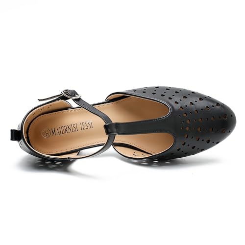Image of MAIERNISI JESSI Women's T-Strap Mary Jane Pumps, Low Block Heel, Closed Toe, Buckle Ankle Strap
