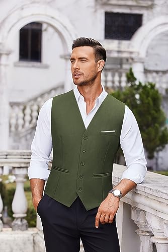 Coofandy Mens V-Neck Sleeveless Slim Fit Jacket Casual Suit Vests,Army Green,Medium #TOP3