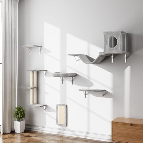 NUNU LAB Wall Mounted Cat Climber Set, 6 Pcs Cat Furniture Set with House, Bridge, Steps, Scratcher Board and Hammock, Shelves for Indoor, Luxury Walls Furniture, Silver Grey