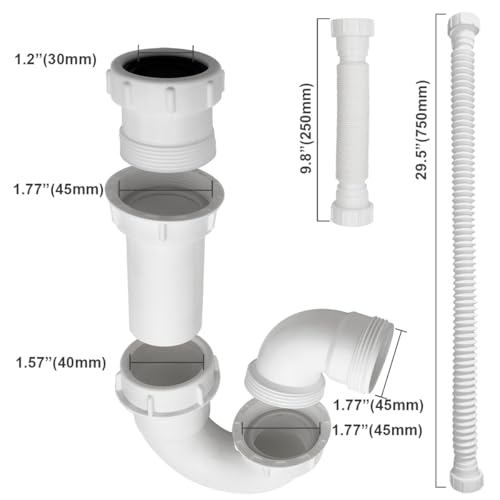 White 1 1/4\" and 1-1/2\" PVC P-Trap Plumbing Kit with Threaded Adapter, J-Bend for Restroom Sink Kitchen Sink Drain Pipe, Flexible Extension Tube Drain Tailpiece - Thumbnail 4