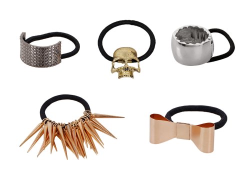 Bundle Monster 5pc Gothic Metal Skull, Bow, Spike Fashion Elastic Stretch Hair Bands Ponytail Holders Set