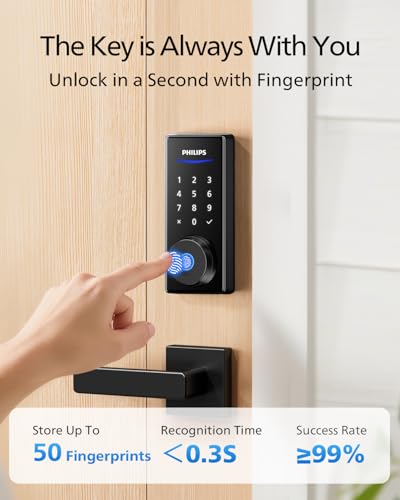 Image of Philips WiFi Smart Lock with Handle, Fingerprint Keyless Entry Door Lock with WiFi Bridge, Smart Locks for Front Door with Handle Set, APP Remote Control, Voice Control, Auto-Lock, Matte Black