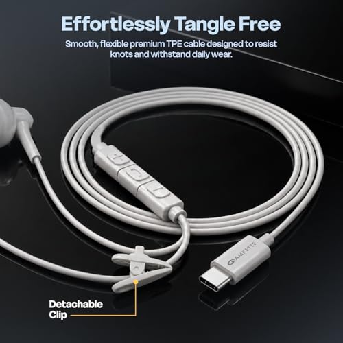 Image of Amkette Trubeats M11 Type C Earphones with Mic, 14mm Dynamic Drivers, 3 Button Control, AI Assistants, Ergonomic Earbuds Compatible with Smartphones, Tabs & Laptops, Type C Headphones,1.2m Cable White