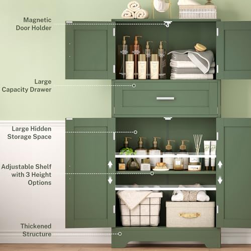 Image of TEENFON Bathroom Floor Storage Cabinet with Adjustable Shelf, Freestanding Storage Cabinet with 4 Doors, Cupboard for Living Room, Home Office, Entryway, Forest Green