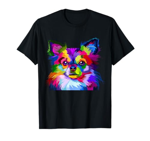 Chihuahua à poils longs Portrait Pop Art coloré pour T-Shirt