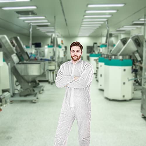 Ezgoodz Disposable Coverall 66" Long. White Polypropylene 50 Gsm Workwear Large. Unisex Full Body Protective Suit. Elastic Wrists & Ankles, Zipper. Industrial Ppe Clothing For Cleaning, Painting #TOP6