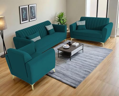 Adorn India Premium Luster 3-2-1 Sofa Set | Velvet Suede Fabric | 3-Year Warranty | Color Ocean Blue with Golden Legs & Striped Pattern Cushion