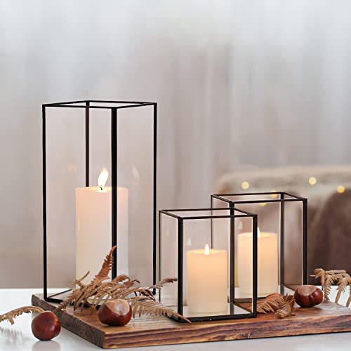 Lamorgift Glass Hurricane Candle Holders Set Of 3- Black Square Candle Holders For Pillar/Flameless Candles, Modern Cylinder Candle Holders For Wedding, Living Dining Room, Farmhouse Home Decor #TOP2