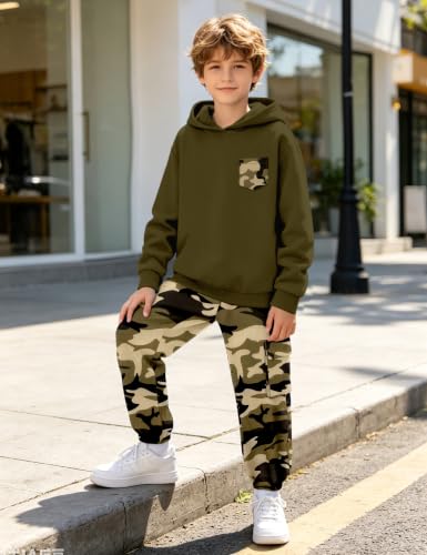 Image of KANGKANG Boys Clothes Two Piece Long Sleeve Hooded Sweatshirt Top Camouflage Sweatpants Fall Outfits Winter Clothes Set 6-16Y