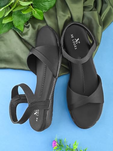 Image of XE Looks Black Criss-Cross Flat Sandals for Women | Secure Ankle Strap | Cushioned Footbed | Lightweight Casual Footwear For Girls
