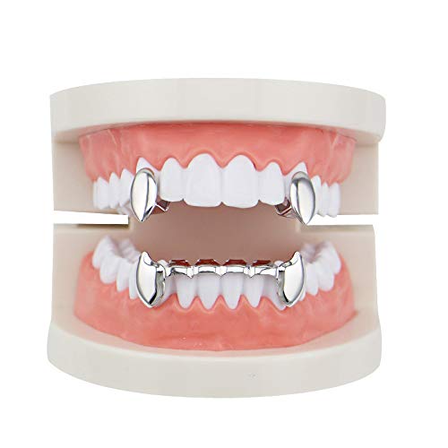 18k Gold Plated Grillz Vampire Dracula Teeth Grillz 2pc Single Fangs and 6 Bottom Grillz Set