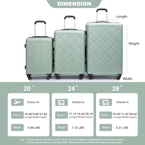 Hardshell Suitcase with Spinner Wheels ABS Luggage Sets Lightweight Durable Suitcase, 8-Piece Set (20/24/28+portable handbag + 4 pieces storage bag set)(Green)2