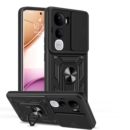 Image of SPAZY CASE Vivo Y400 Pro Back Cover | Heavy Duty Hybrid Case with 360 Degree Rotating Finger Ring Holder + Slider Shutter Camera Protection Case for Vivo Y400 Pro - Black