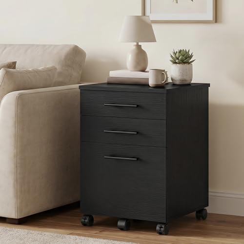 Image of HOOBRO 3-Drawer File Cabinet, Wooden Under Desk Filing Cabinet, fits A4 /Letter Size for Home Office, Small Rolling Storage Drawer Chest, Printer Stand with Drawers, Black BK02WJ01G1
