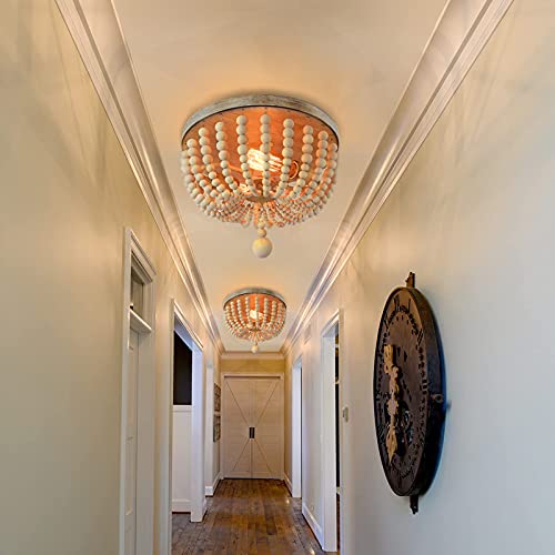 Karuda Wood Beaded Chandelier, Oak Beaded Semi Flush Mount Ceiling Light Fixtures, Wood Boho Farmhouse Light Fixture For Kitchen Island Bedroom Living Dining Room Hallway Passway (2 Lights) #TOP5