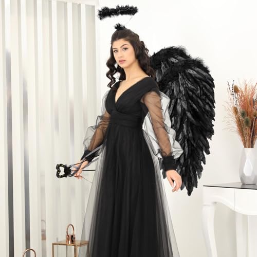 Yi'antai 60cm Noir Ailes d'ange, Ailes d'ange avec Halo Bâton,Ailes d'ange Plumes,Costume d'ailes d'ange,Diable Costume Femme Ange,Carnaval Déguisement – vue 4