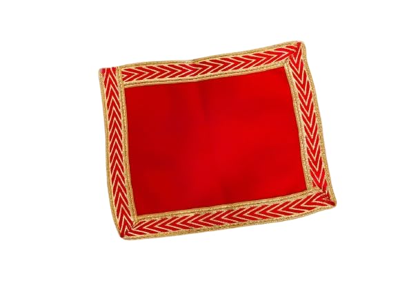 GenericRed Velvet Pooja Cloth Mat Aasan Decorative Cloth for Multipurpose Traditional Pooja Festival New Year Decorations Item & Pooja Article Laxmi
