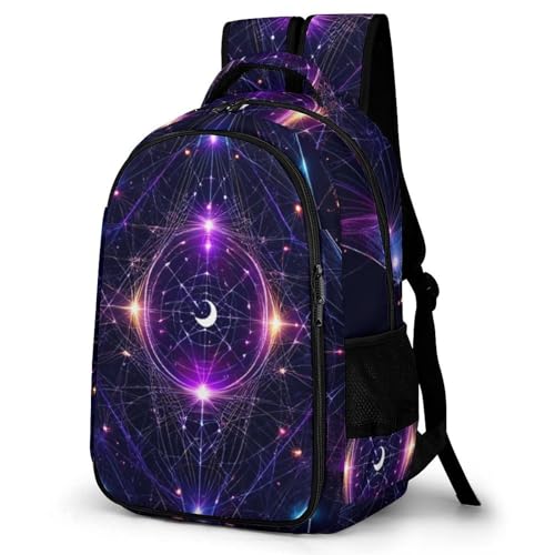 Backpack for Men Women, Cute Sacred Geometry Symbols Sun Moon Trippy Purple Adjustable Strap Backpack for Travel, Business, Unisex Comfy Large Capacity Shoulder Bag