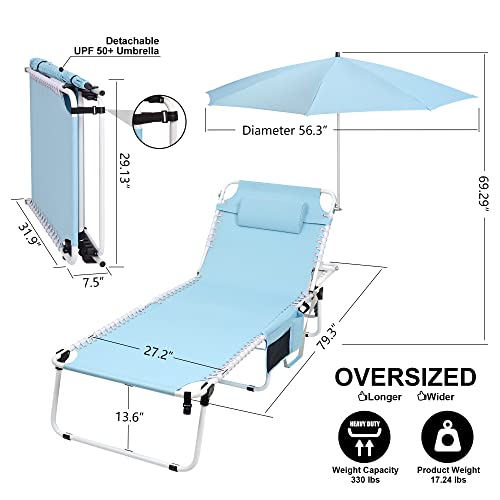 Oversized Heavy Duty Adjustable 5-Position Folding Beach Lounge Chair With Upf50+ Umbrella Canopy Shade Trifold Outdoor Chaise Lounge Chairs For Outside Patio Pool Lawn Poolside Sun Sunbathing Camping #TOP1