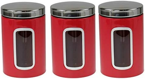 AQS INTERNATIONAL Stainless Steel Large Tea Coffee Sugar Mirror Kitchen Storage Jars Canisters Set, 11cm Diameter, 17cm High (Red)